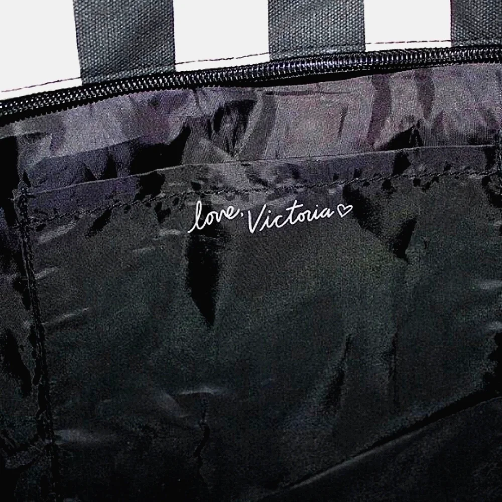 Victoria's Secret Pink & Black Striped Tote Bag – Zipper Top, Spacious & Chic